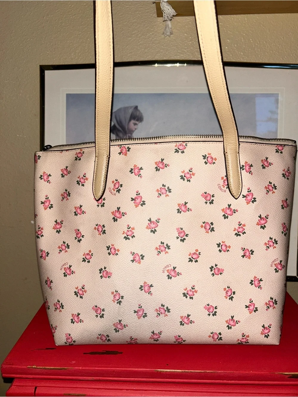 COACH Pink Floral Tote with Beige Trim